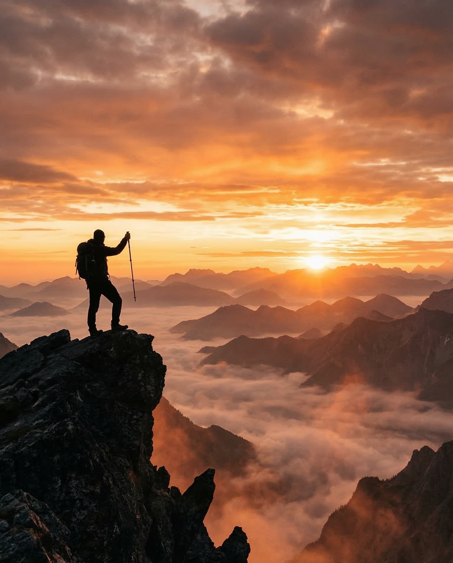 Adventurer on mountain summit at sunrise